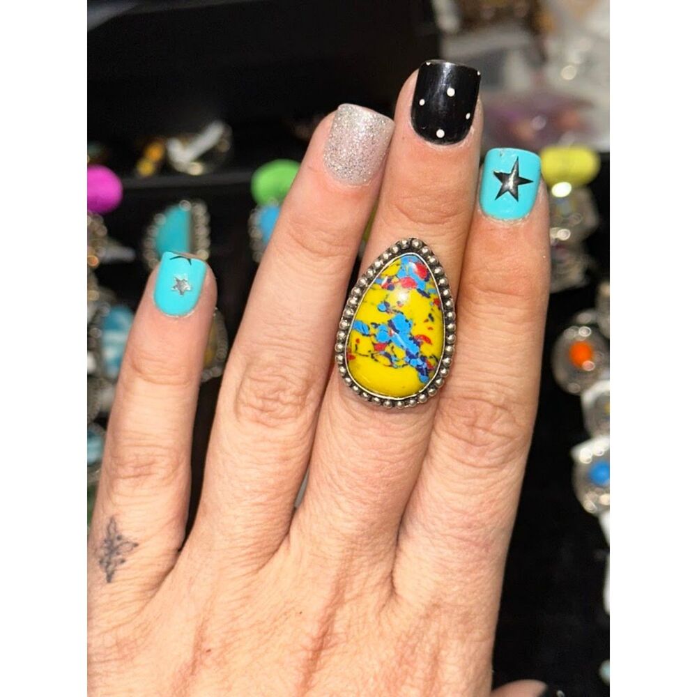 Yellow Mosaic Teardrop Sterling Silver Overlay Ring Size 7